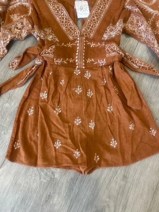 NWT Free People Azalia Boho Embroidered V-Neck Shorts Romper in Chocolate Brown - Picture 6 of 12